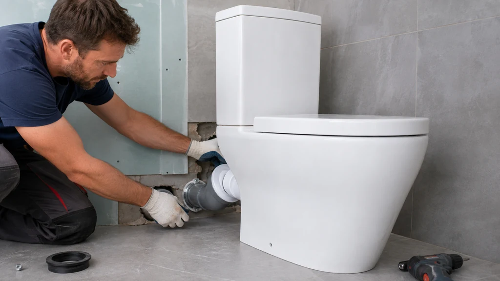 Plombier raccordant l’évacuation en PVC d’un WC à poser dans une salle de bain en rénovation