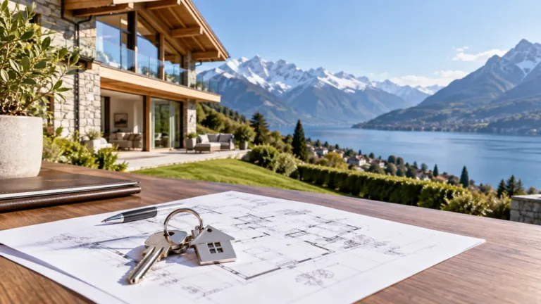 Maison suisse face à un lac alpin avec plan architectural et clés