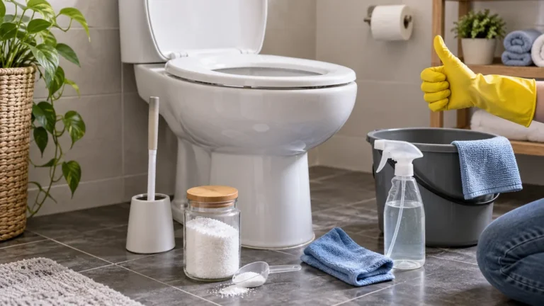 Toilettes propres avec gants, brosse et produits de détartrage doux