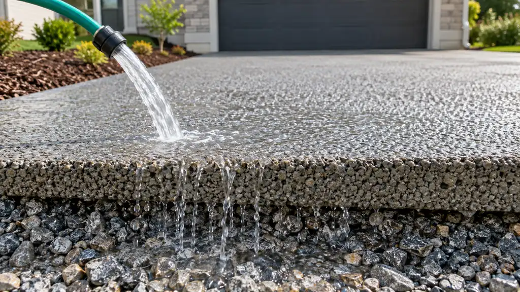 Démonstration de l’infiltration d’eau à travers une dalle en béton drainant