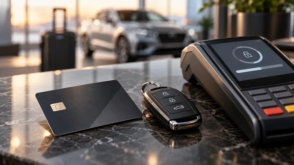 Carte bancaire, terminal de paiement et clé de voiture pour une préautorisation