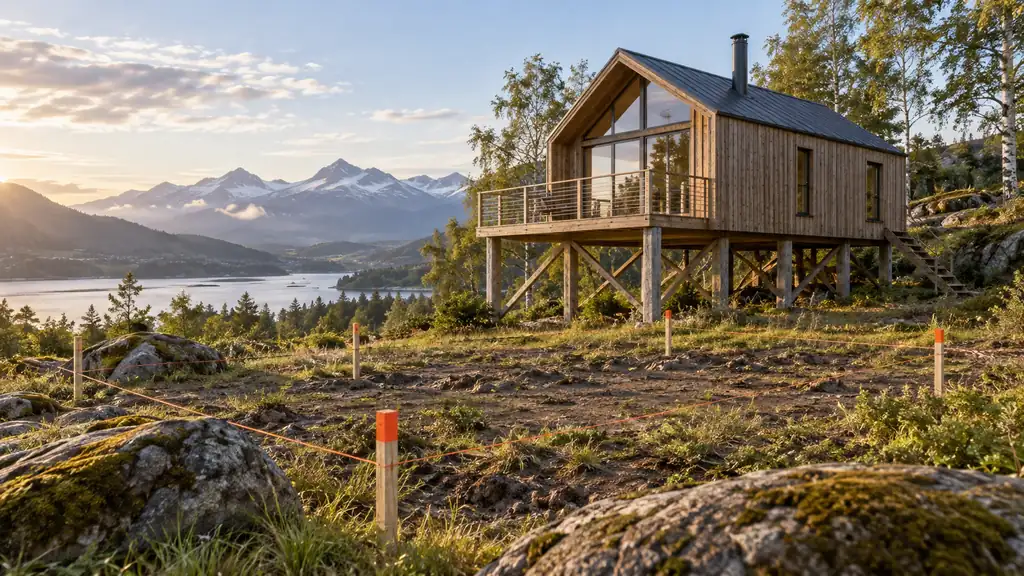 Chalet en bois construit sur pilotis dans un terrain naturel balisé