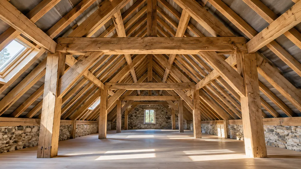 Charpente traditionnelle en bois avec fermes, pannes et chevrons visibles