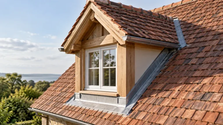 Lucarne chien-assis en bois avec couverture en tuiles et raccords en zinc