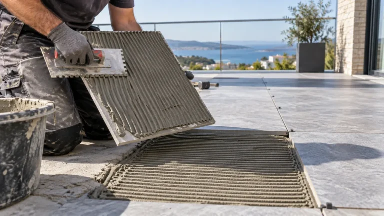 Artisan appliquant du mortier-colle sous un grand carreau de terrasse
