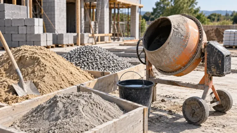 Bétonnière avec sable, gravillons, ciment et eau mesurés sur un chantier