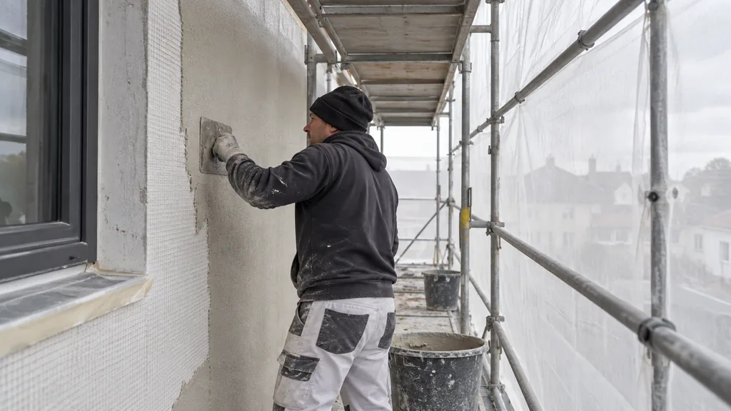Façadier appliquant un enduit sous un échafaudage protégé et ventilé
