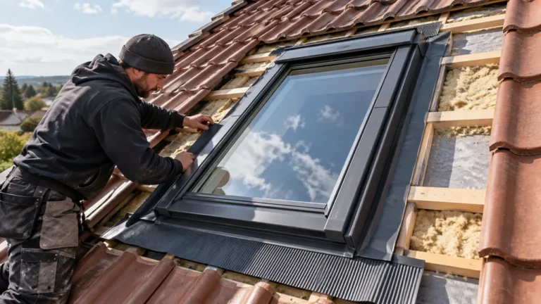 Artisan installant une fenêtre de toit avec son raccord d’étanchéité