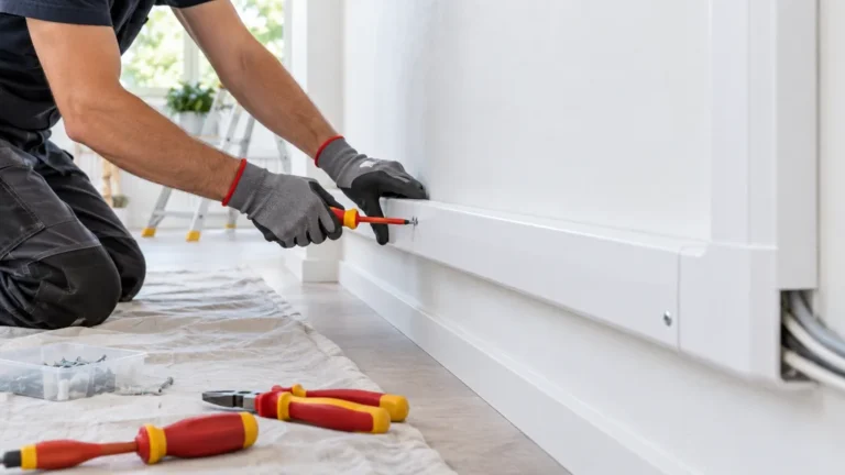 Pose d’une goulotte électrique blanche le long d’un mur rénové