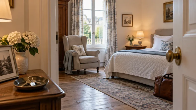 Chambre familiale préparée dans une maison avec fauteuil et clés posées sur une console