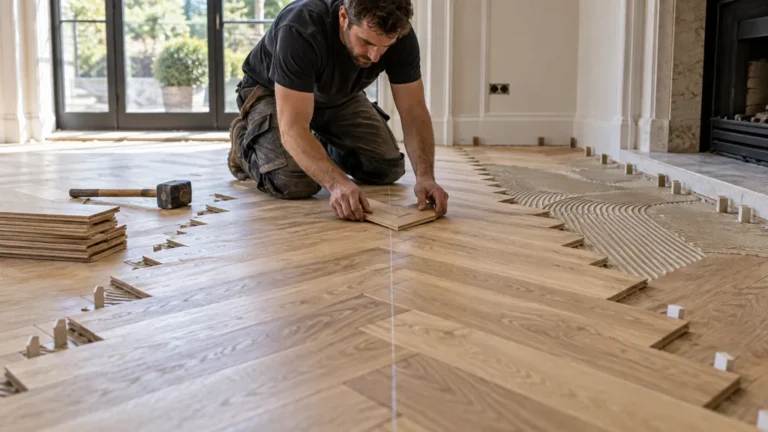 Artisan alignant des lames de parquet en chevrons sur un sol encollé