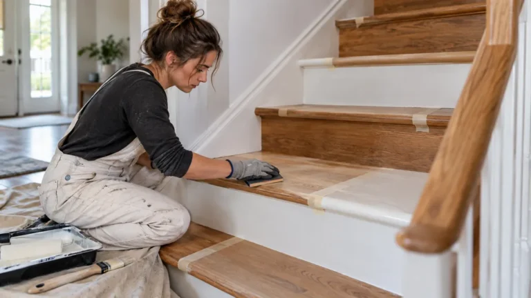 Artisane préparant et peignant les marches d’un escalier en bois