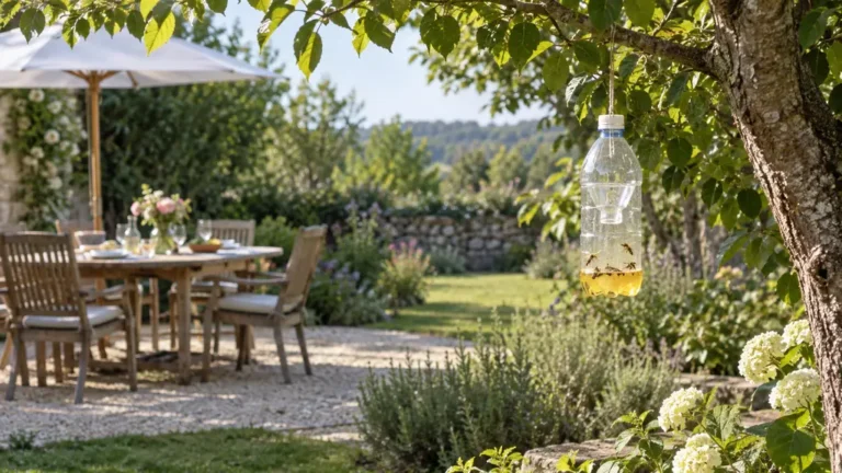 Piège à guêpes en bouteille suspendu à distance d’une table de jardin