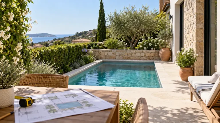 Petite piscine dans un jardin méditerranéen avec plan et mètre ruban