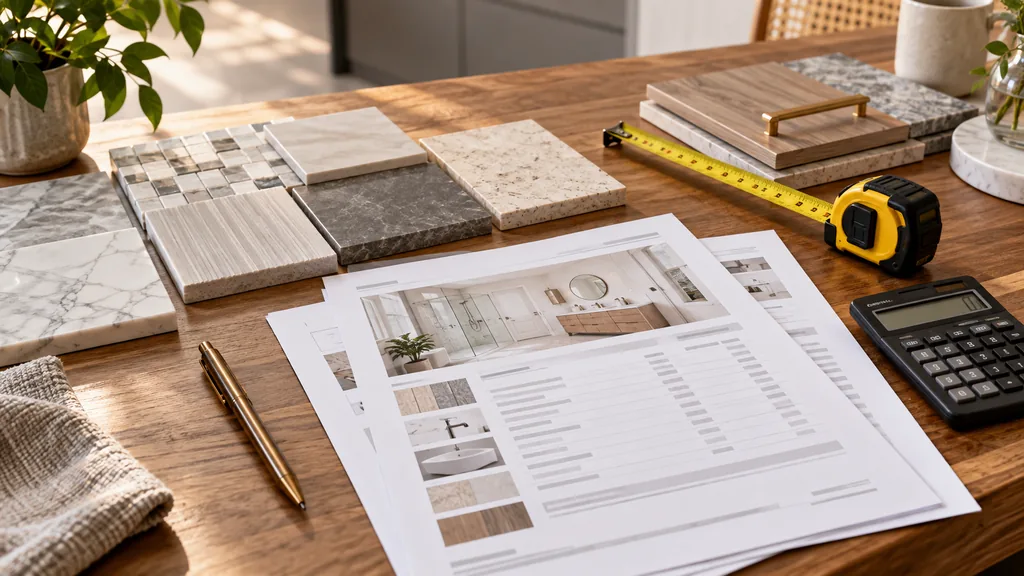 Échantillons de carrelage avec mètre, calculatrice et devis de rénovation