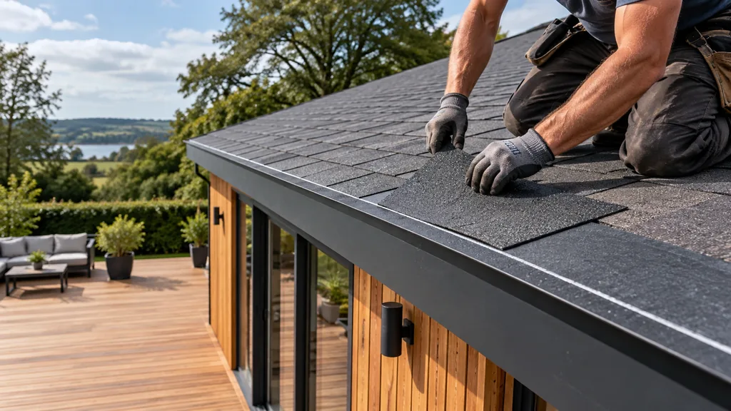 Pose de bardeaux bitumés en shingle sur le toit d’une annexe en bois