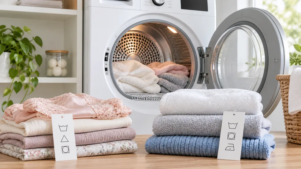 Sèche-linge avec linge trié et étiquettes de symboles d’entretien