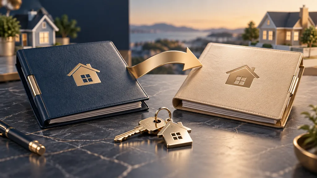 Deux dossiers immobiliers reliés par une flèche avec des clés de maison