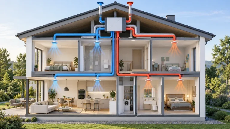 Coupe d’une maison montrant les réseaux d’air d’une VMC double flux
