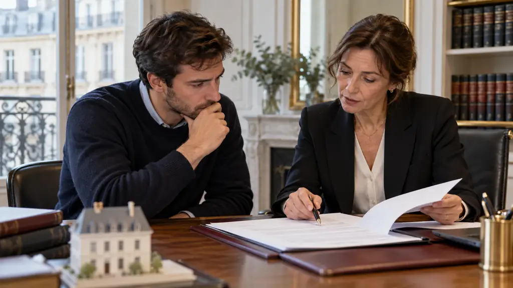 Acquéreur examinant un document de vente immobilière avec un notaire