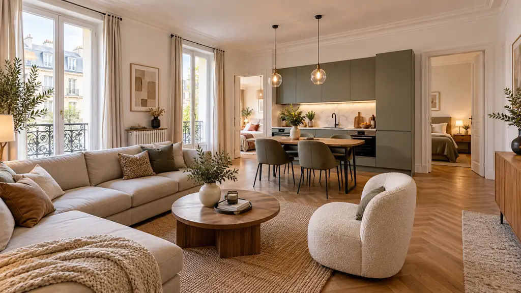 Séjour lumineux d’un appartement T3 avec cuisine ouverte et deux chambres