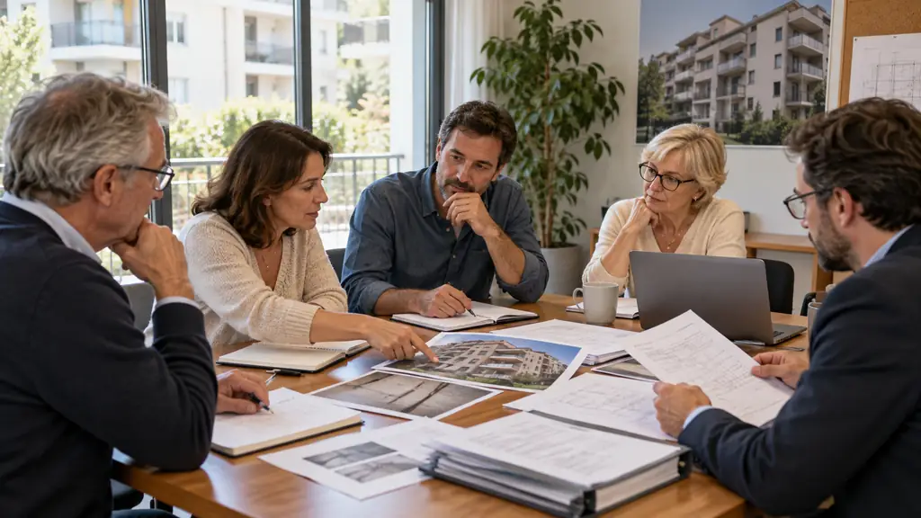 Membres d’un conseil syndical examinant les documents d’entretien d’un immeuble