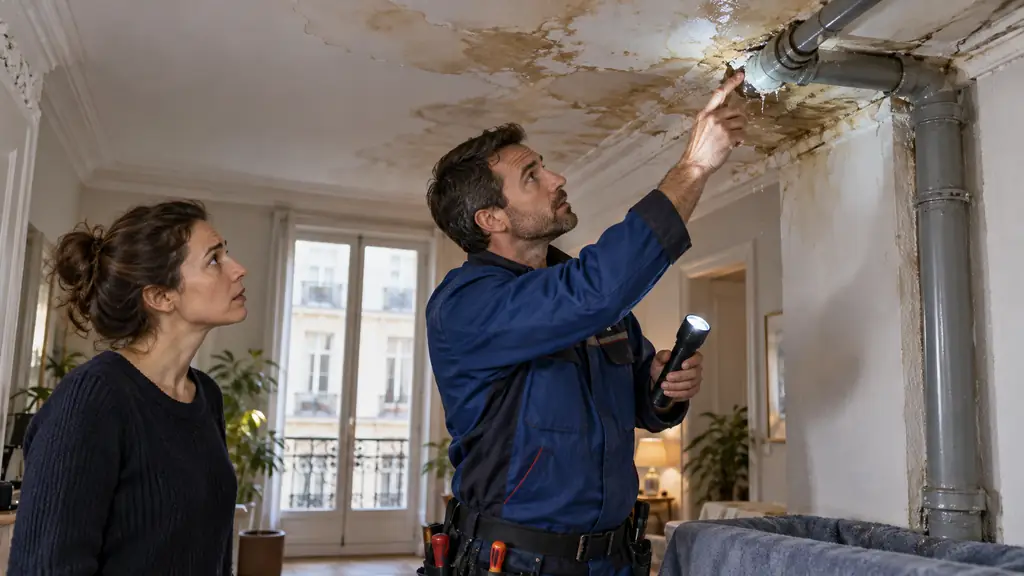 Plombier inspectant une fuite au plafond dans un appartement en copropriété