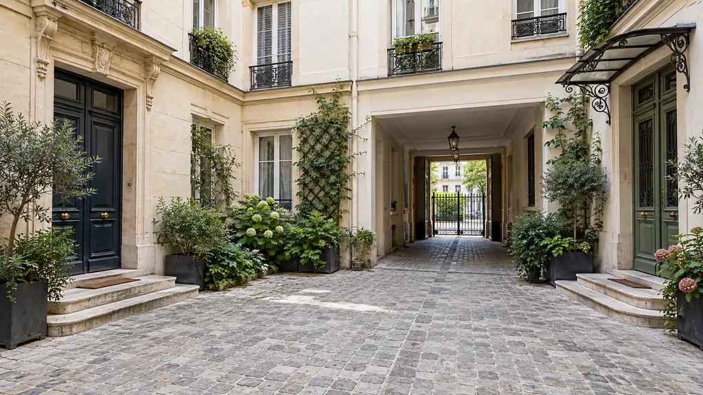 Passage pavé partagé entre les entrées de deux immeubles français